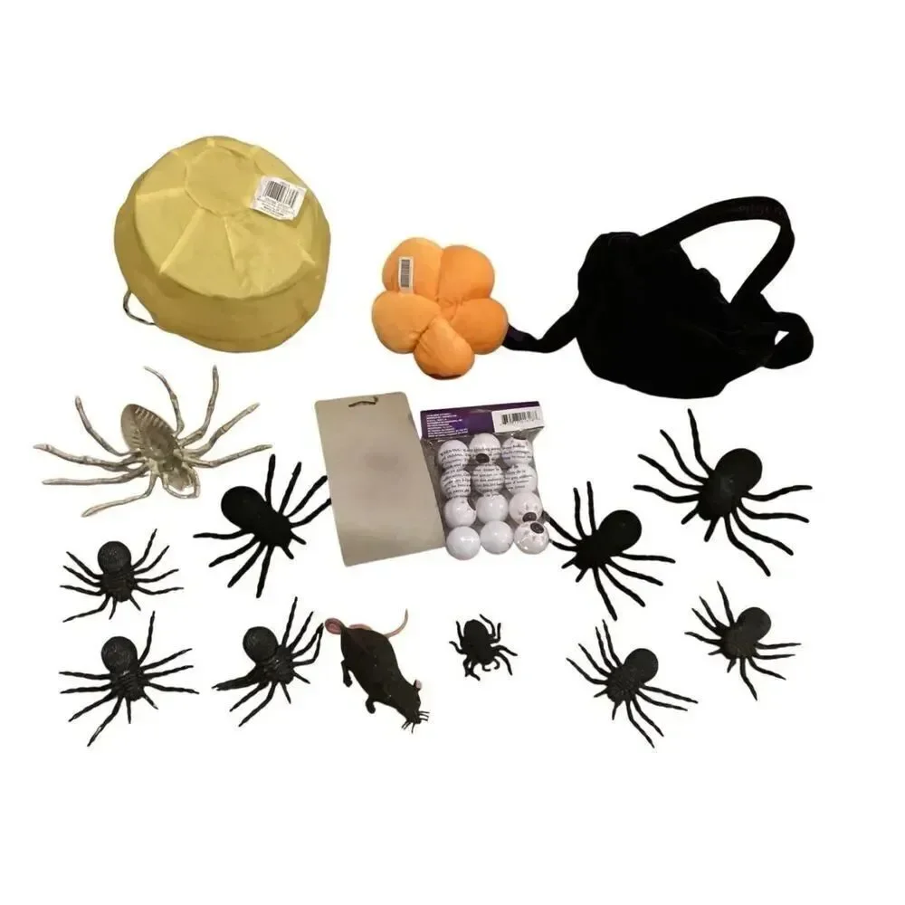 Lot Of Halloween Party Supplies Trick Or Treat Bucket Faux Spiders Rat Bat Pumpk